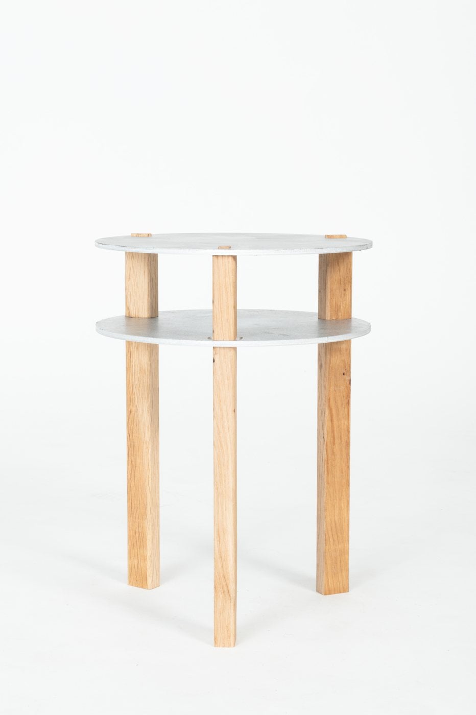 Side table, front view showing the oak and aluminum finish